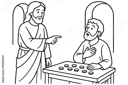 Jesus confronting a disciple at table in linear style artwork