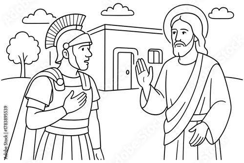 Biblical scene coloring page: jesus and roman soldier in conversation