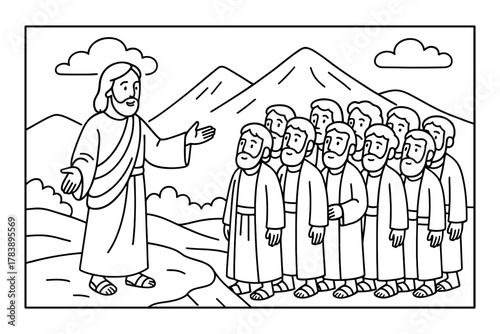 Biblical scene of jesus teaching disciples in mountainous landscape, black and white line art