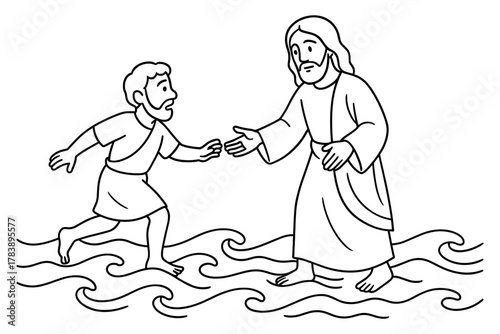 Jesus walking on water helping disciple illustration in black and white