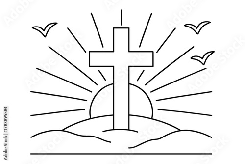 Minimalist cross with sunrise and birds line art design