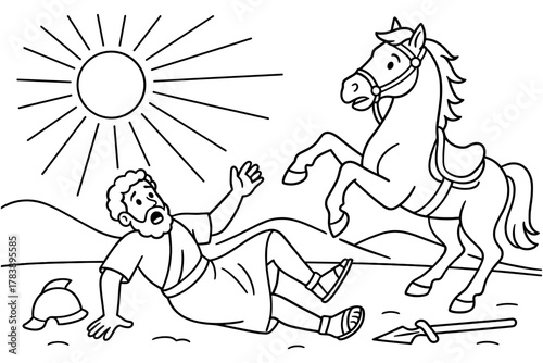 Saint paul's conversion outline art with rearing horse under radiant sun