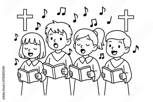 Children singing in choir with musical notes and crosses in line art