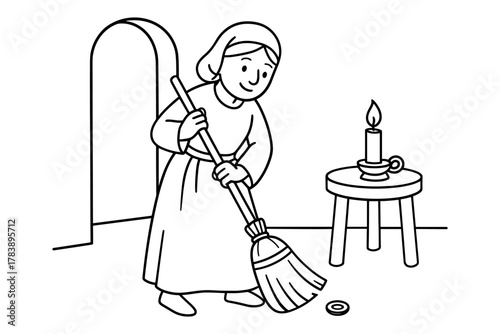 Woman sweeping floor in simple black and white outline art