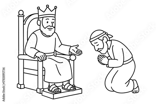 Ancient royal scene with king on throne and kneeling man in black and white