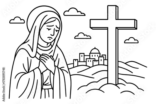 Linear drawing of a somber woman praying near a cross with cityscape in background