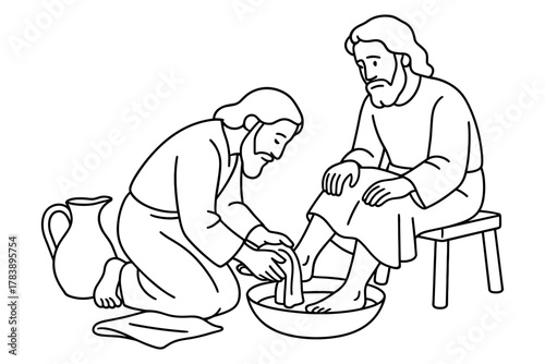 Biblical scene depicting foot washing ceremony in line art style