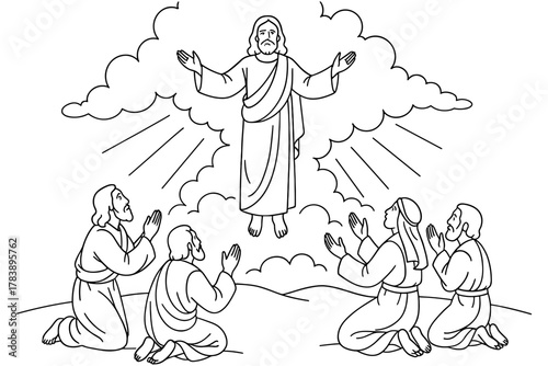 Biblical scene: jesus ascension with disciples in heaven inspired line art