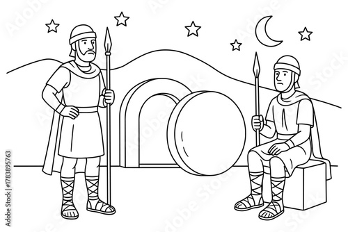 Ancient soldiers guarding a tomb in a nighttime line art scene