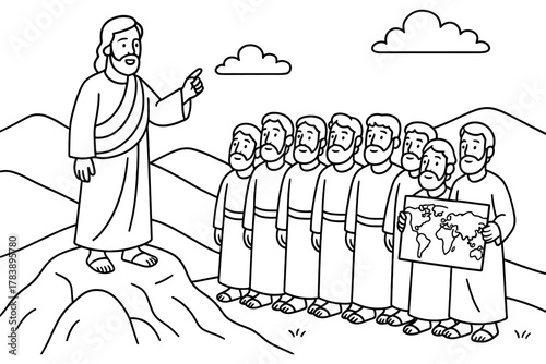 Biblical scene of jesus teaching disciples with world map in landscape