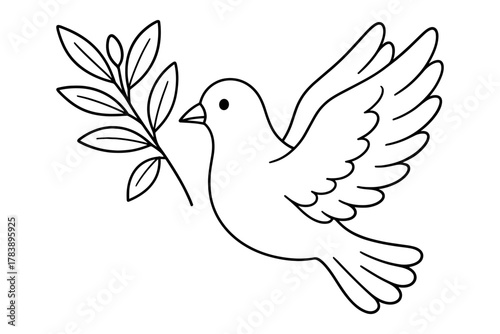 Dove with olive branch outline in minimalist style representing peace and harmony