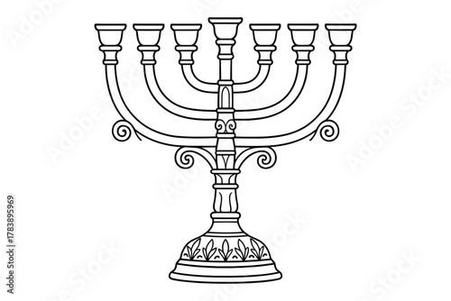 Intricate menorah line art with decorative base and seven branches