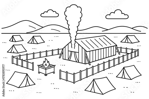 Outline of a campsite with tents and hills in the background