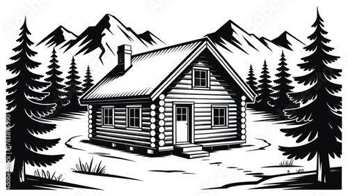 Rustic log cabin nestled amongst snow covered pine trees with majestic mountain peaks in the background a charming winter woodland scene silhouette