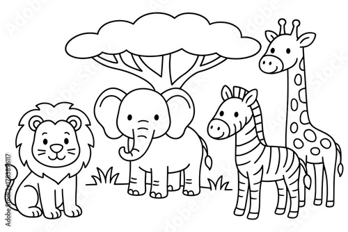 Adorable safari animals outlined style for kids coloring pages
