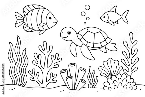 Black and white marine life coloring page with sea turtle and fish