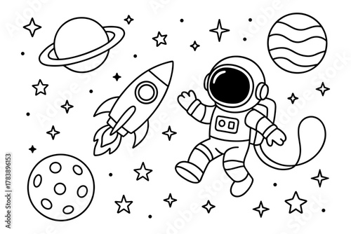 Space adventure: astronaut and rocket in black and white