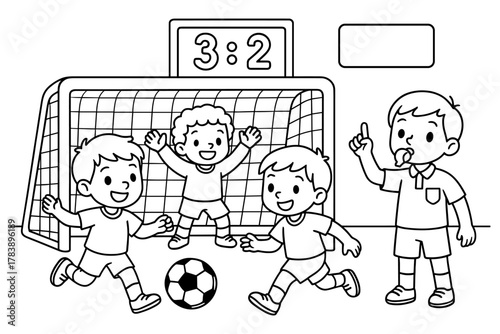 Children playing soccer with referee and goal in background outline style