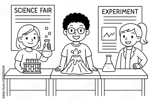 Children conducting science fair experiments with volcanic eruption and chemistry