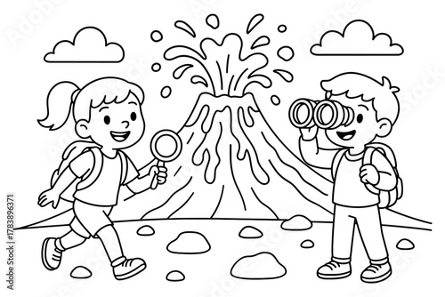 Kids exploring a volcano with magnifying glass and binoculars in outline style