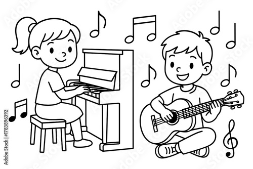 Children playing music together with piano and guitar in black and white outline art