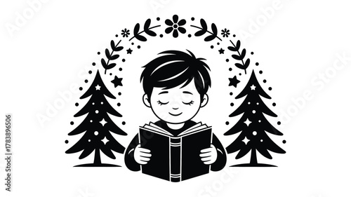 A young boy engrossed in reading a book surrounded by festive christmas trees and a decorative holiday wreath in a charming black and white silhouette