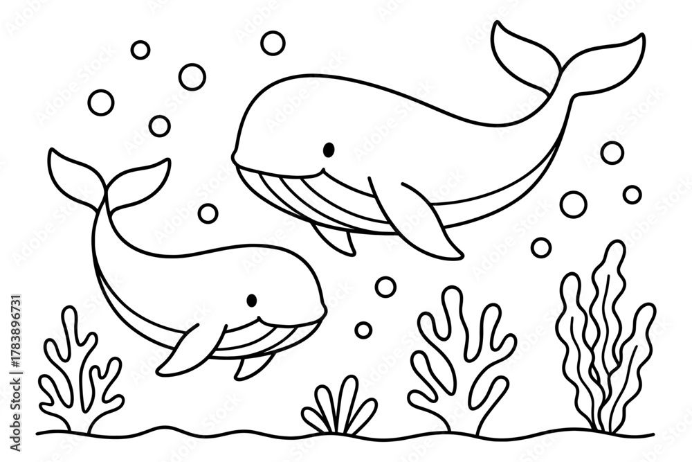 Fototapeta premium Cute whale coloring page with ocean background