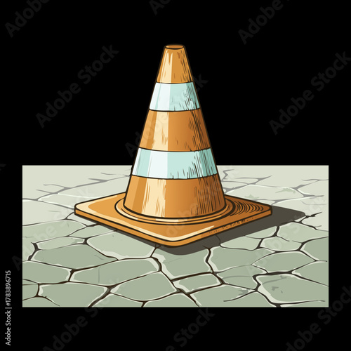 Standard Orange and White Construction Cone Standing Firmly on a Cobblestone Pavement Surface for Blocking Access