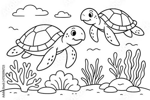 Cute sea turtles swimming in an underwater scene with coral and ocean plants