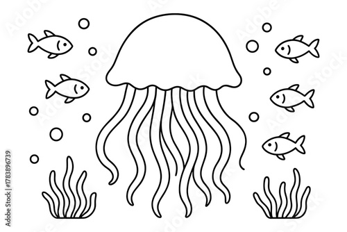 Black and white jellyfish and fish in underwater scene for coloring