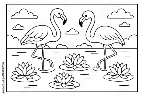 Flamingos in nature with lotus flowers and clouds in black and white outline