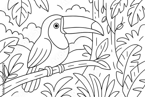 Tropical toucan in jungle setting line art for coloring pages
