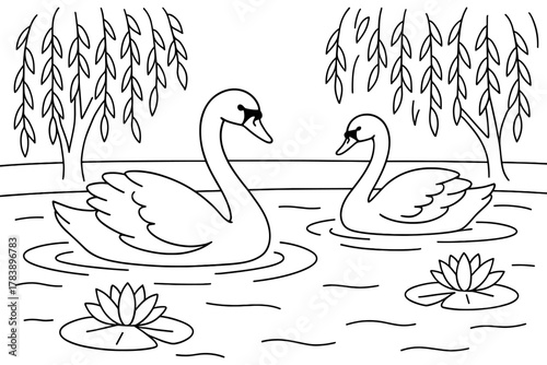 Elegant swans in serene pond with willow trees and water lilies in linear art