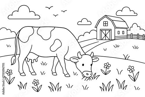 Peaceful farm scene with cow grazing in pasture