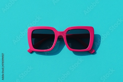 Pink square sunglasses on cyan blue background