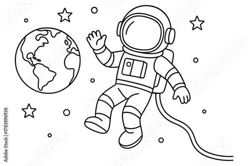Outline drawing of an astronaut in space with earth and stars