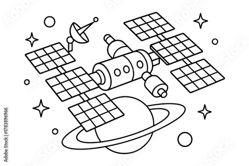 Outline space station and satellite with planet and stars