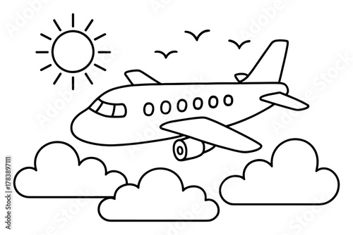 Minimalist outline drawing of airplane in flight with sun and clouds