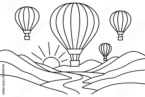 Hot air balloons over mountain landscape with sunrise in linear style