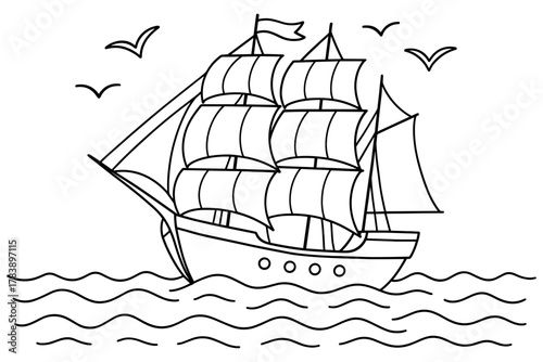 Classic sailing ship illustration with ocean waves and seagulls in linear style