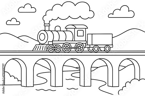 Simple black and white train on bridge with steam and clouds in outline style