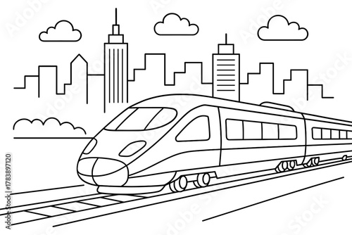 High speed train in urban landscape with city skyline and clouds
