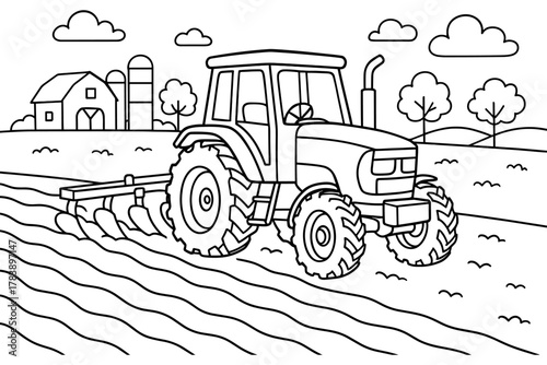 Farming tractor outline in rural landscape with field and barn