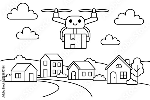Drone delivery over suburban neighborhood with cute robot in simple line art