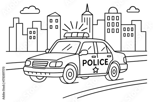 Police car in cityscape line art illustration with urban buildings