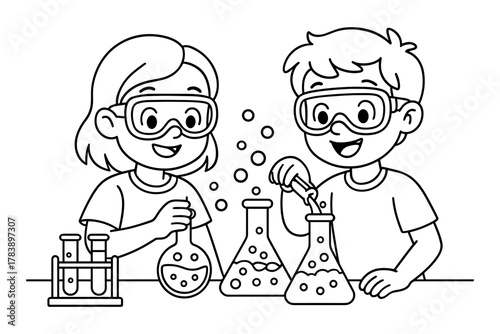 Kids in science lab conducting fun experiments with beakers and test tubes