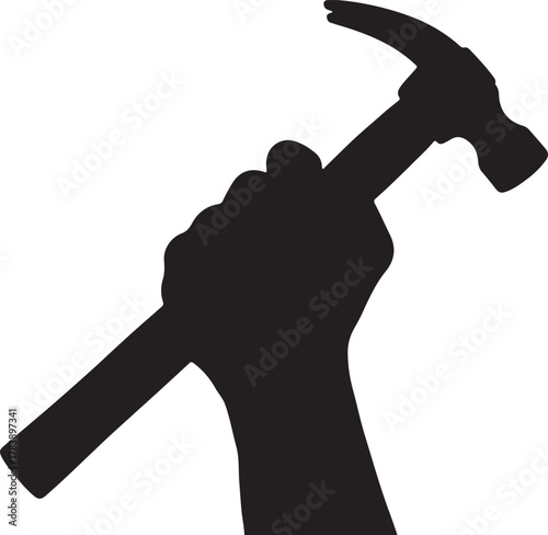 Silhouette of hand holding a hammer representing construction and labor work
