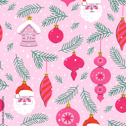Seamless pattern with Christmas decorations and fir branches. Vector graphics.