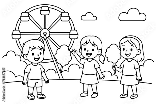 Children enjoying a day at the amusement park with ferris wheel and cotton candy in outline style