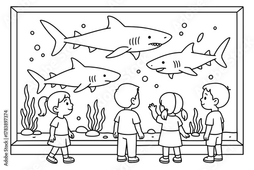 Children observing sharks at aquarium in black and white outline